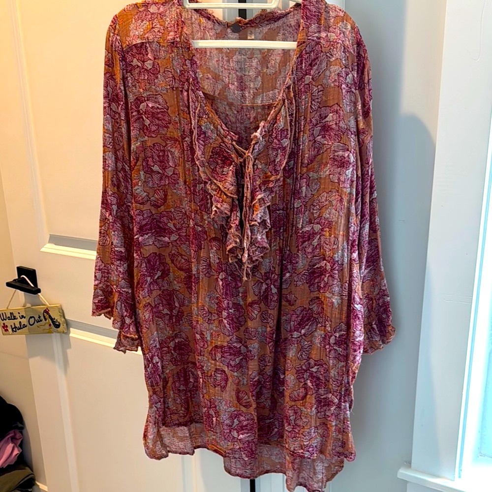 Free People Pink and Brown Ruffled Tunic with 3/4 Sleeves